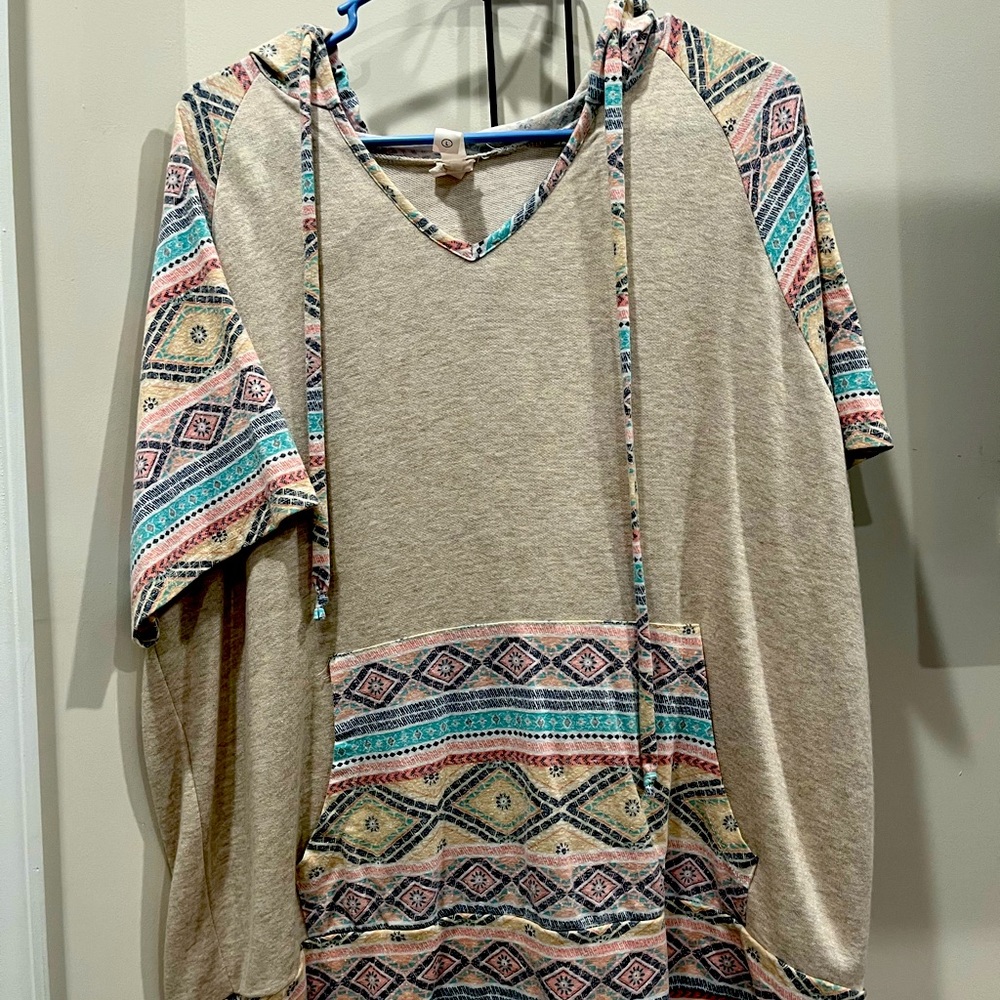 Short sleeve hoodie by Honeyme featuring Ecru body Aztec Print Sleeves